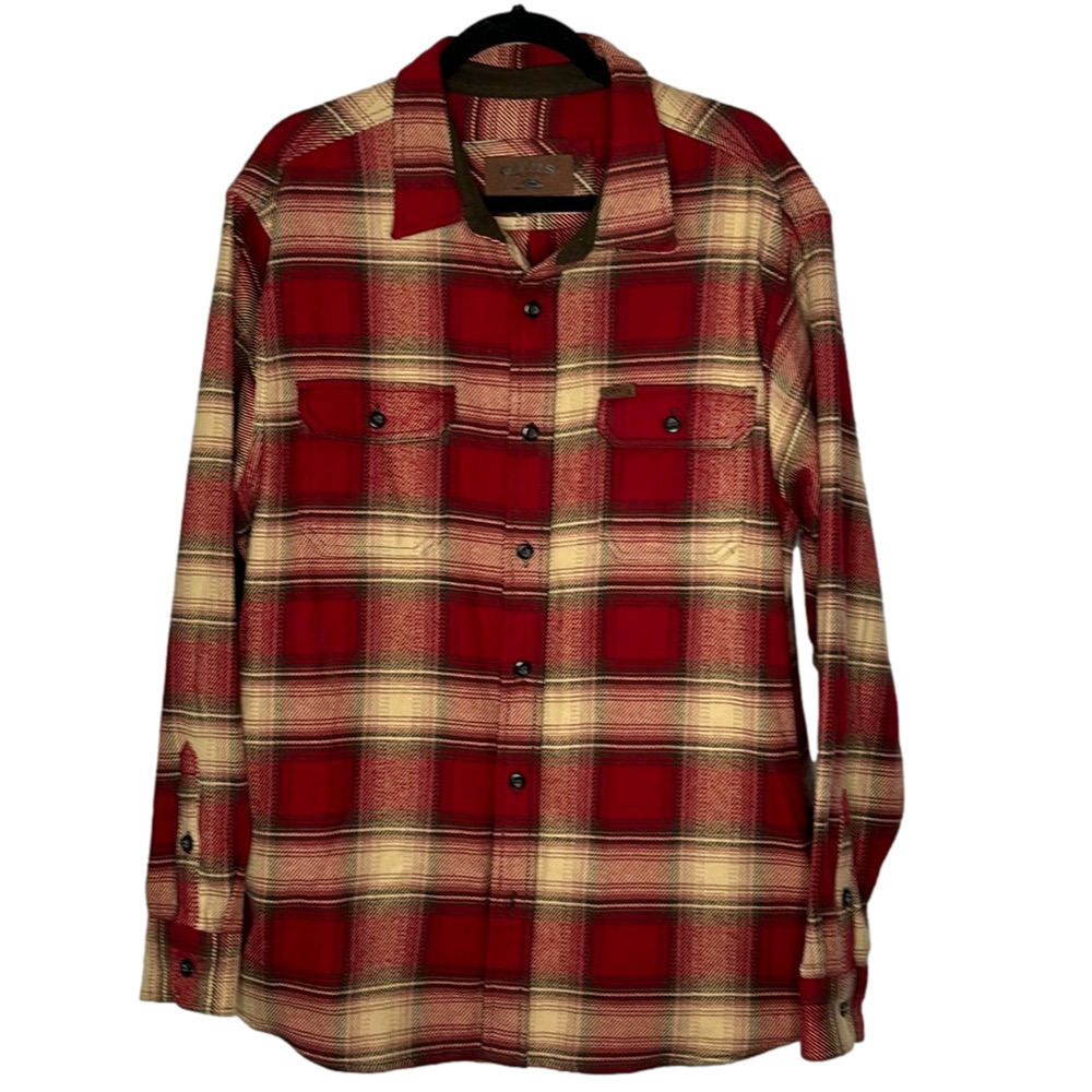 Orvis shirt jacket, plaid pattern, Earth tones, warm and soft with pockets